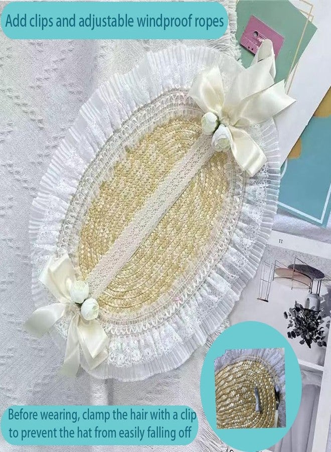 CMRCOYO Victorian Womens Tea Party Sun Hat Lolita Bows Florals Flat Straw Hats Womens Wide Brim Sun Hat with Wind Lanyard - Image 2